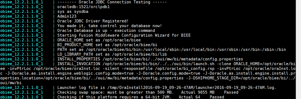 The OBIEE container is able to connect to the database, so time to run the configure or start script.