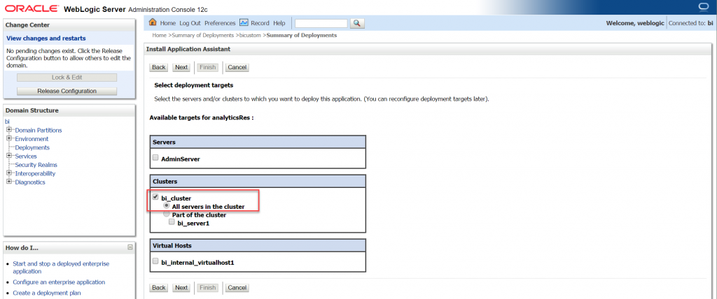 Make the deployment available from the "BI cluster" and not the Admin server to have the same domain and port as OBIEE