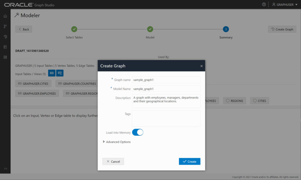 Graph Studio - Modeler create graph and load in memory